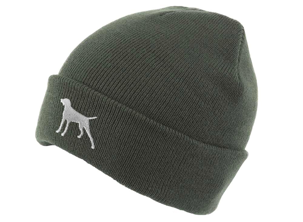 The House Of Dog: German Shorthaired Pointer Owner Gift. Classic Cuffed Unisex Beanie Ski Hat with Embroidered Design. Olive