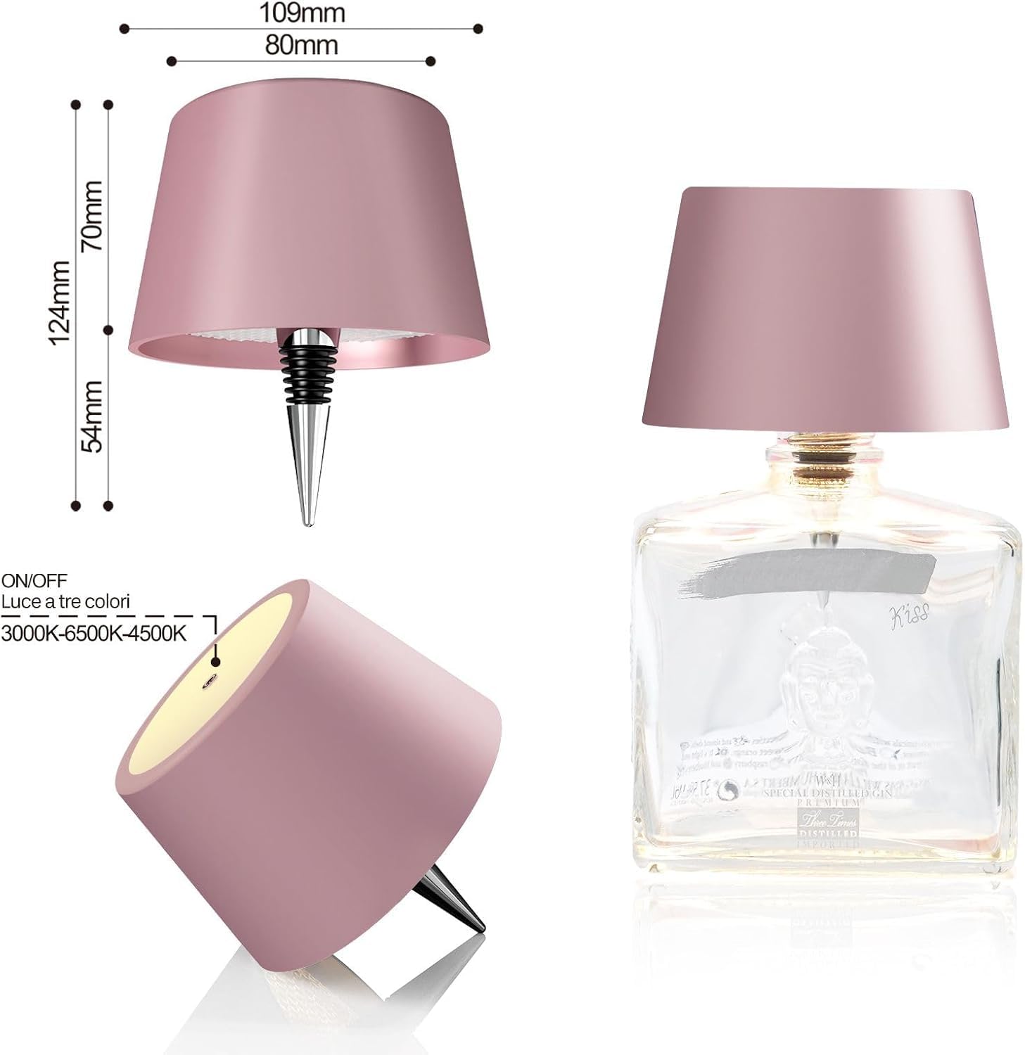 Lampada da tappo LED,lampada bottiglia ricaricabile,impermeabile IP54, lampada scrivania senza fili e dimmerabile, lampada da tavolo 3 colori luce calda,luce fredda,luce naturale (ROSA DORATO)