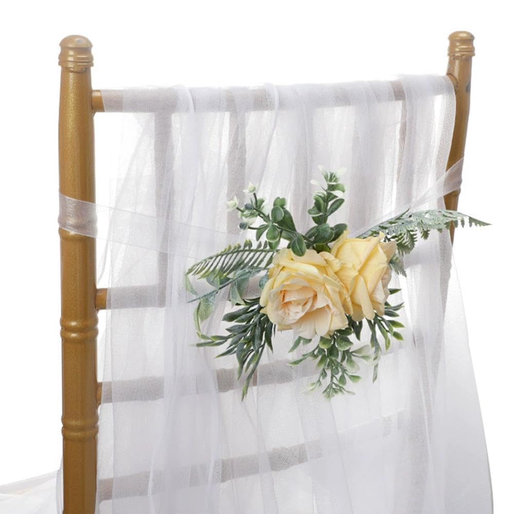 Kwiaty na oparcie krzesła weselnego, 100 cm x 160 cm, białe tiulowe wstążki, sztuczne róże, girlandy na krzesło, wesele, imprezę, urodziny, ceremonię, bankiet, stół, dekoracja, żółte, 8 sztuk