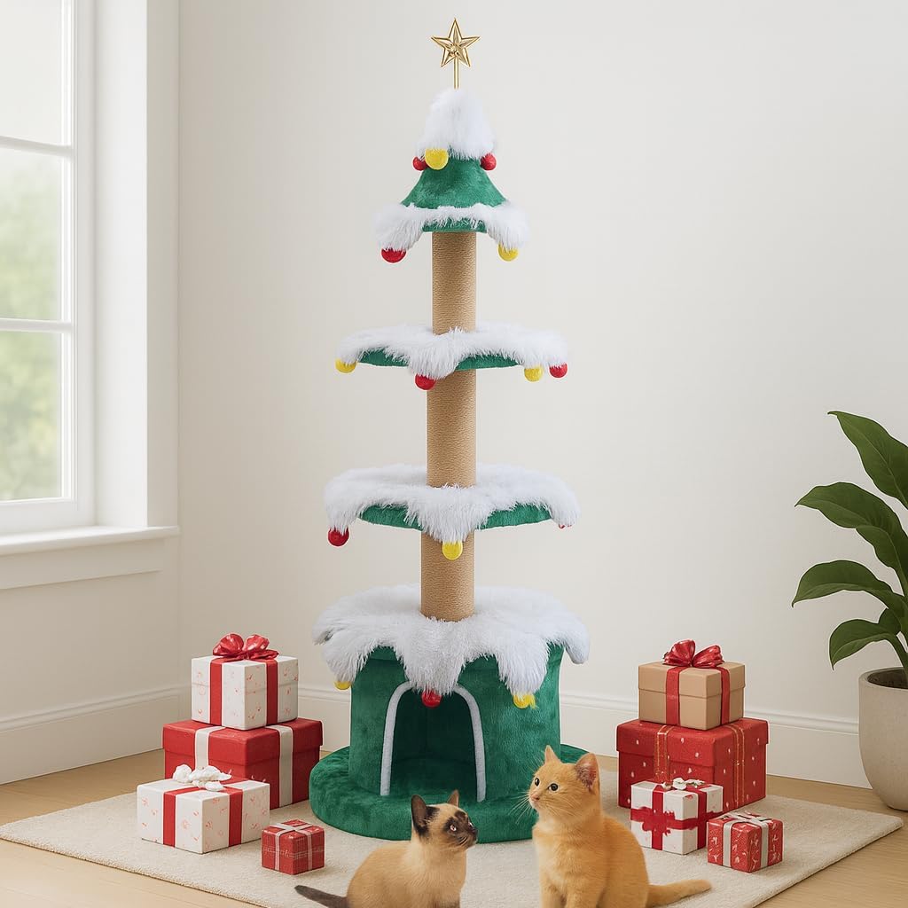 Cat Christmas Tree Multi Level Cat Tower with Scratching Posts Plush Condos and Holiday Cat Furniture Design Available in Multiple Styles and Sizes (Noble Fir, 66" H)