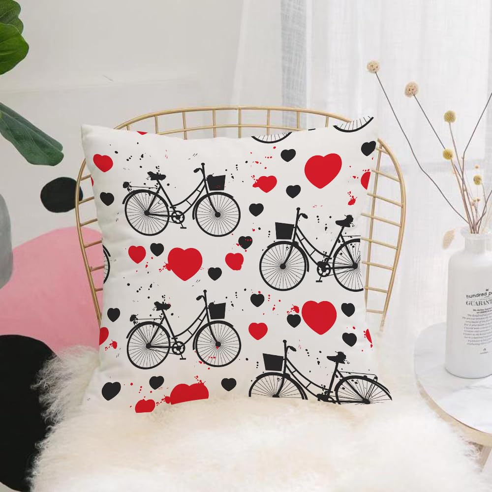Hyosxw Seamless Pattern Black Bike And Red Heart On - A3 Cushion Cover,Throw Pillow Case Home Decorative For Living Room Bedroom Sofa Chair 18X18 Inch,Seamless Pattern Black Bike And Red Heart On White,Pillowcase 45X45cm
