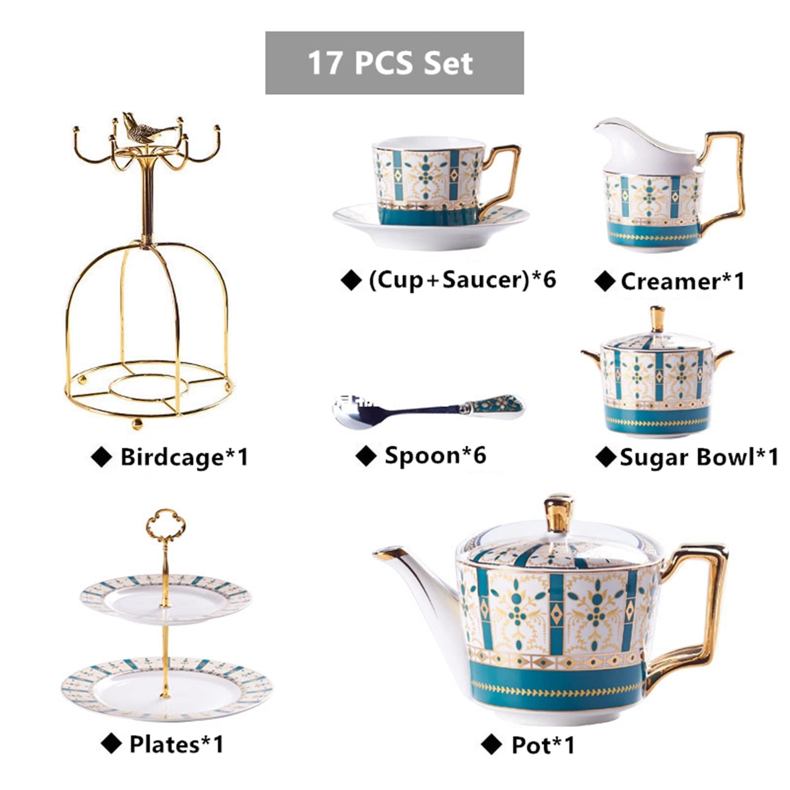 Luxus Gold Bone China Kaffee Set Nordic Porzellan Tee-Set Topf Tasse Keramik Becher Zucker Schüssel Creamer Teekanne Milch Krug Coffeeware (Color : 17pcs Set)