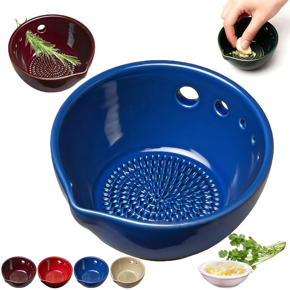 Handmade Pottery Garlic Grater Herb Stripper Bowl, 2-in-1 Multi-Functional Kitchen Tool, Ceramic Herb Stripper and Garlic Grater Bowl with 5 Hole Sizes for Salads Peeling Off The Leafy Assembly
