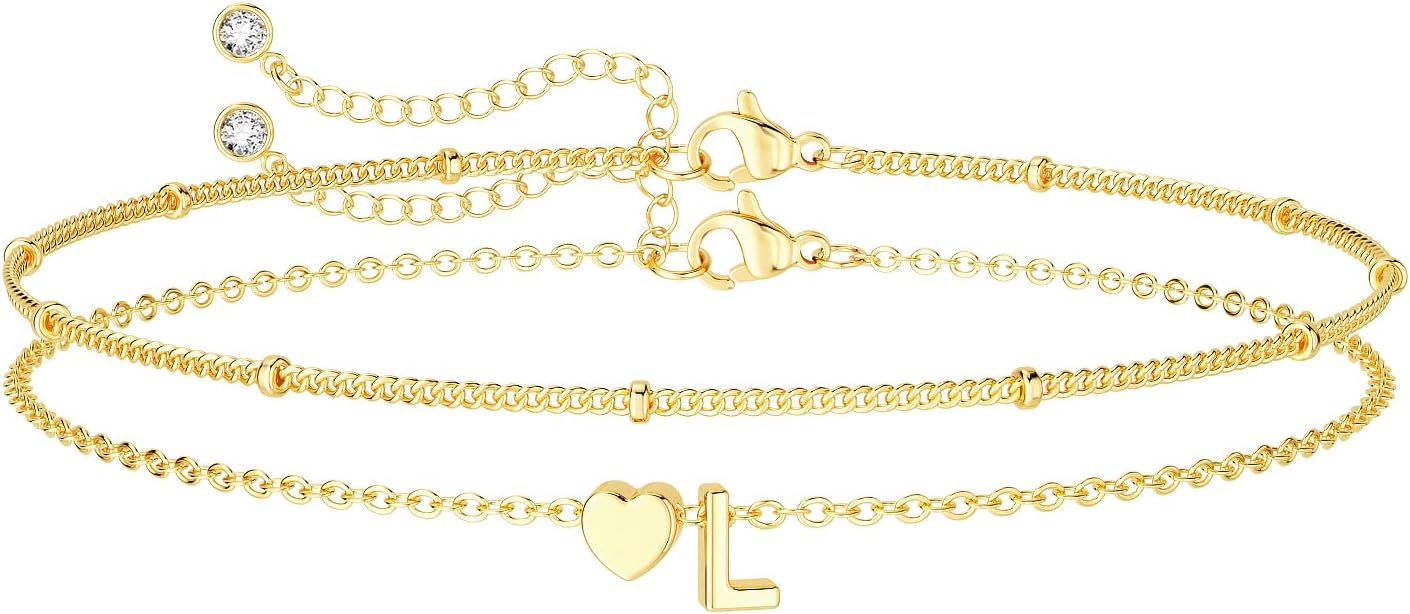 DEARMAY Dainty Initial Heart 14K Gold Plated Bracelets for Women Trendy, Letter Charm Bracelet Jewelry Cute Simple Fashion Chain Gift