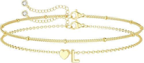 DEARMAY Delicadas pulseras de oro con inicial de corazón para mujer, a la moda, de oro real de 14 quilates, pulsera con dije de letra, joyería linda