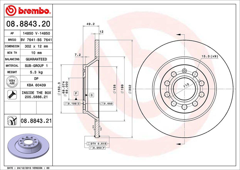 Brembo 08.8843.21 - Disco Freno con Verniciatura UV (Set di 2) - Posteriore