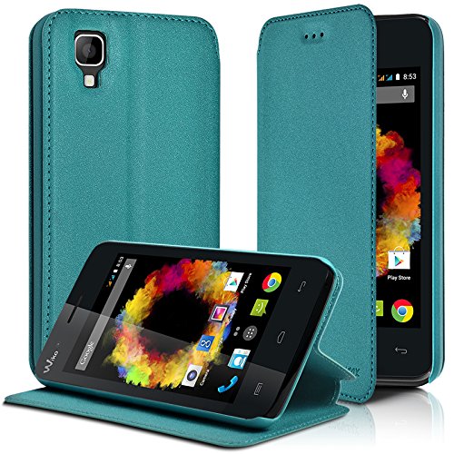 KARYLAX Seluxion - Housse Coque Etui à Rabat latéral Fonction Support Couleur Turquoise pour Wiko Sunset + Film de Protection
