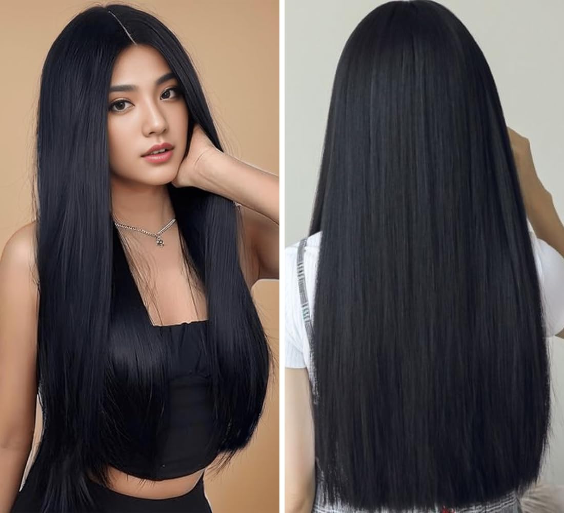 Akashkrishna Straight Hair Wig For Women Synthetic HairWig Full Head Womens Wig Heat Resistant Long Wig With Free Wig Cap With Comb (Straight WIg_Black_24 Inch)