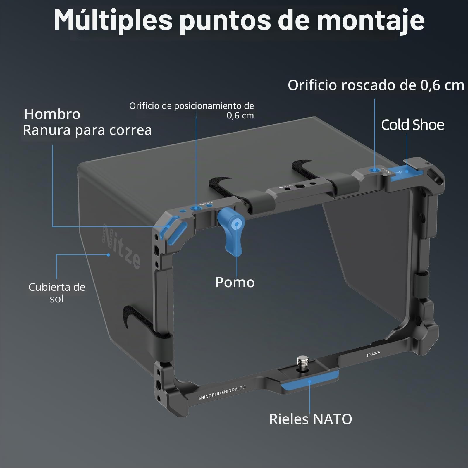 Nitze Shinobi 2 Cage, Jaula para Atomos Shinobi II/Shinobi Go, Jaula para Monitor con Parasol y Riel NATO - JT-A07B | Capucha de piel sintética