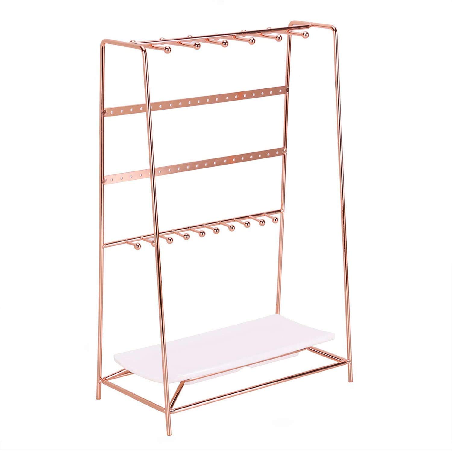 Simmer Stone Rose Gold Jewelry Organizer Stand, 4 Tier Jewelry Tower Holder, Decorative Jewelry Storage Hanger Display with Tray for Rings Bracelets Necklaces Earrings, Metal