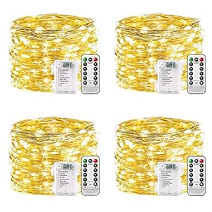 Lichtsnoer op batterijen, 4 stuks, 100 leds, 10 m, 8 modi, afstandsbediening, timer, lichtsnoer, warmwit, dimbaar, lichtketting met batterij, Kerstmis, lichtketting, werkt op batterijen, waterdicht