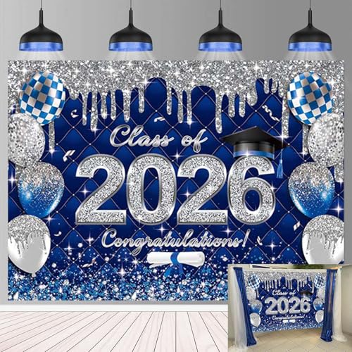 Blue Graduation Backdrop Class of 2026 Photoshoot Background 2026 Congrats Grad Congratulations Party Decoration Banner Photo Props (7x5FT(82 x 59 inch)) by BINQOO - Used condition - US$6.47