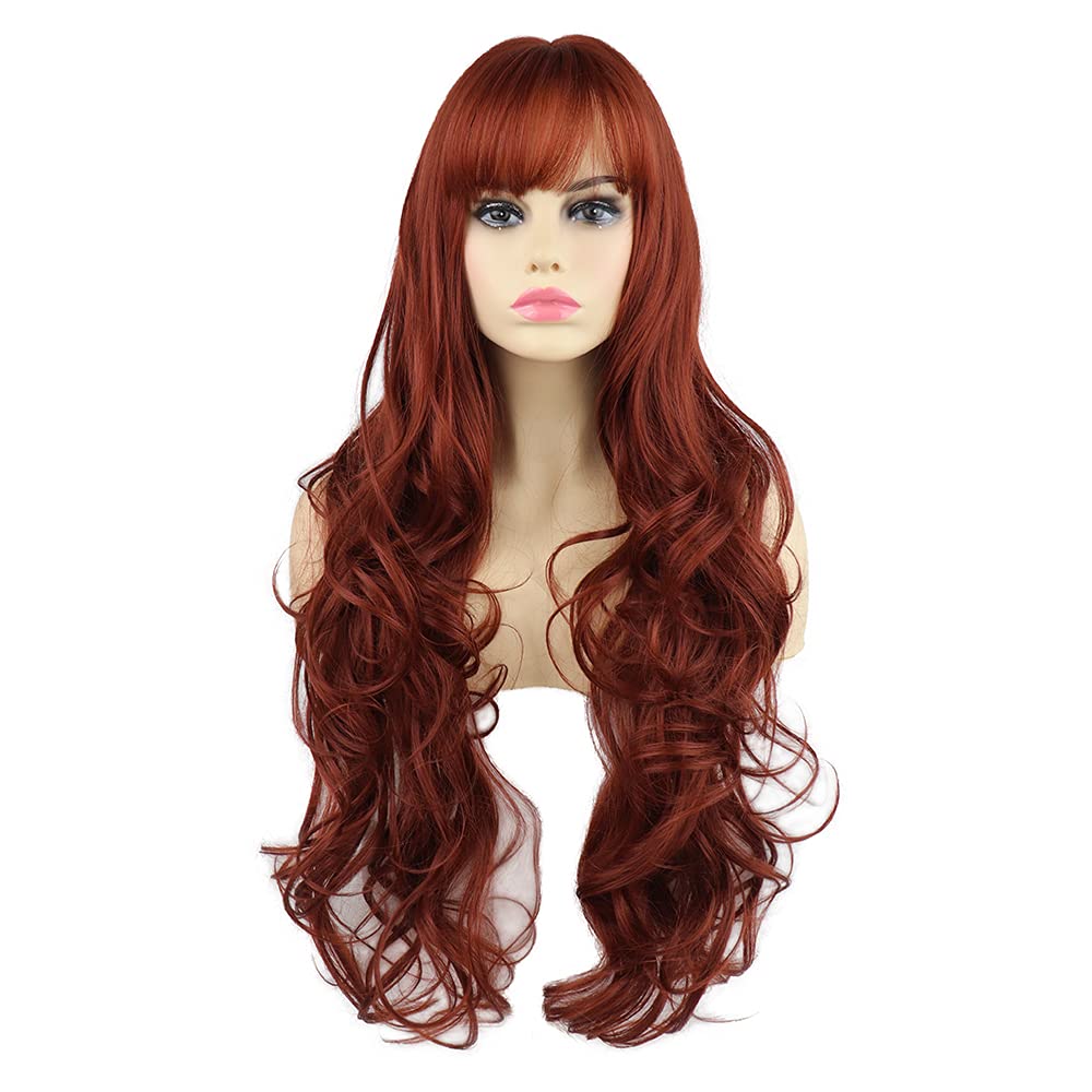 SYXLCYGG Long Auburn Wigs 28" Wavy Synthetic Daily Wigs Halloween Costumes Party Curly Hair Wig With Bangs Soft&Not Tangled for White Womens Natural Wigs Girls Ladies Real(free wig cap)