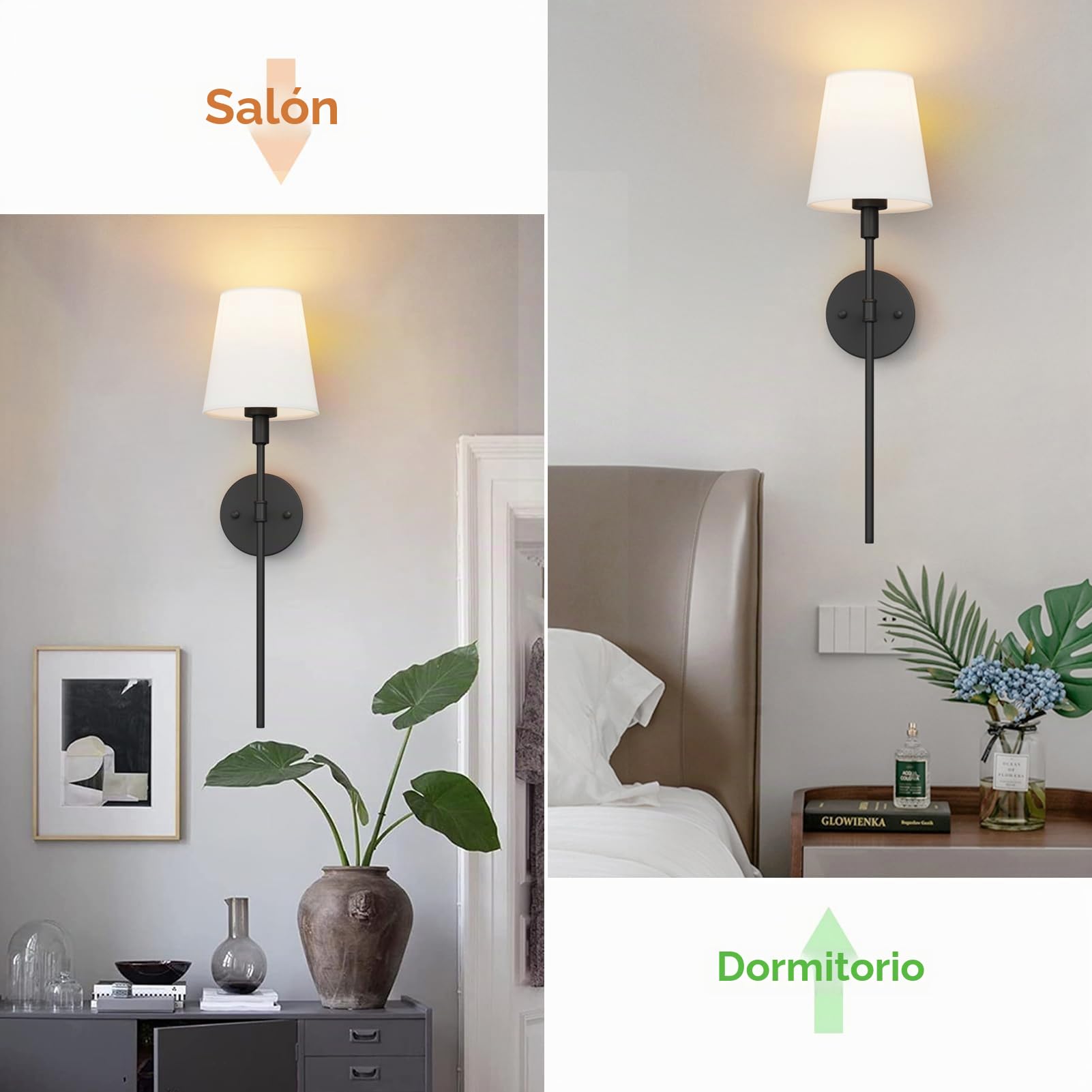 Aipsun 2 PCS 5500mAh Lámpara de pared de la batería con pantalla de tela blanca, Regulable, Aplique de Pared Interior Sin Cable con mando a distancia, para dormitorio, cuarto de baño(Negro)