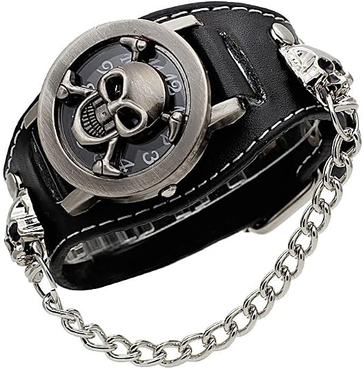 Cool Leather Punk Skull Quartz Men's Wrist Watch,Skull Flip Cover Women's Watch,Skull+Chains+Rivets Elements,Fashion for Valentine's Day Gift