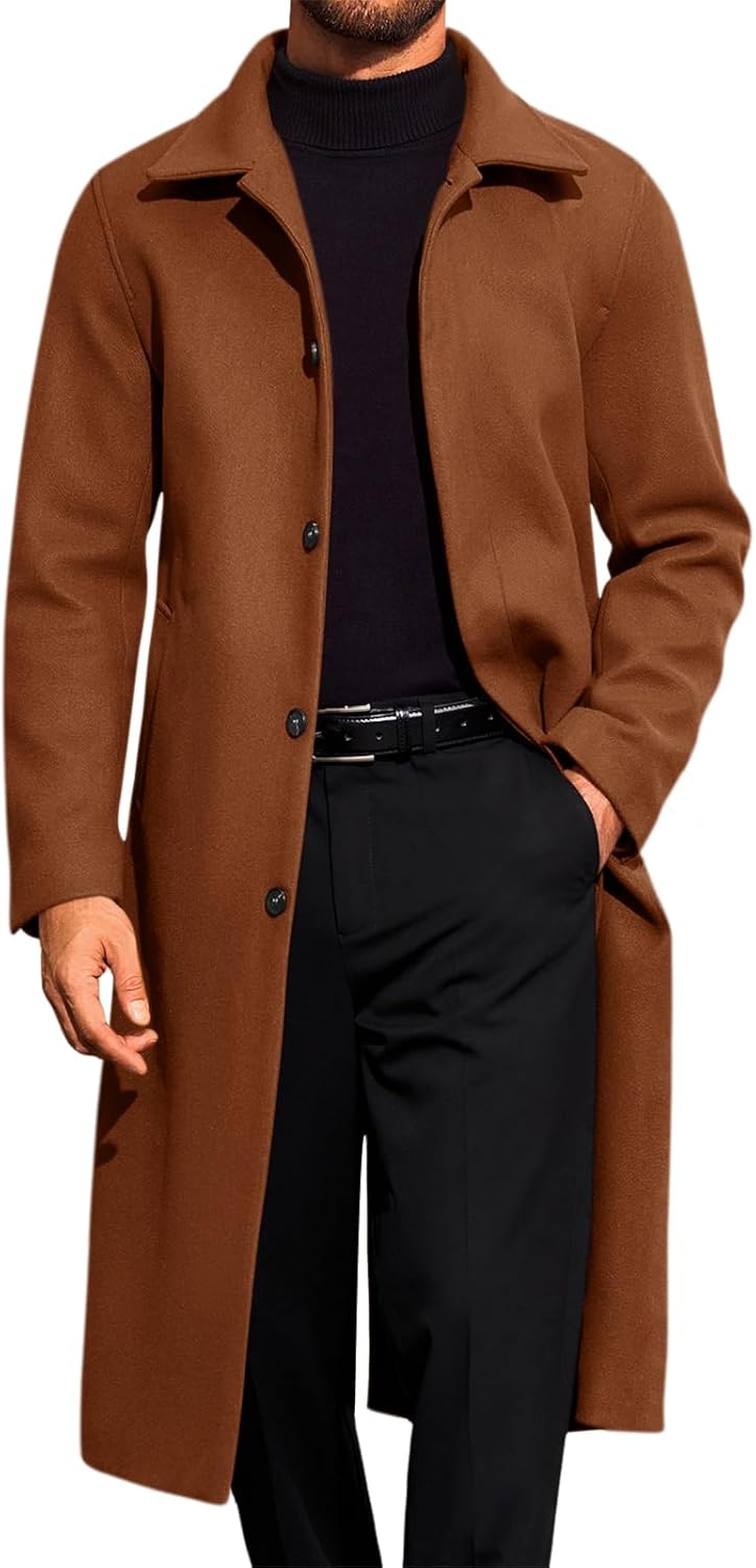 Runcati Mens Long Trench Coat Single Breasted Lapel Overcoat Casual Fall Winter Warm Peacoat