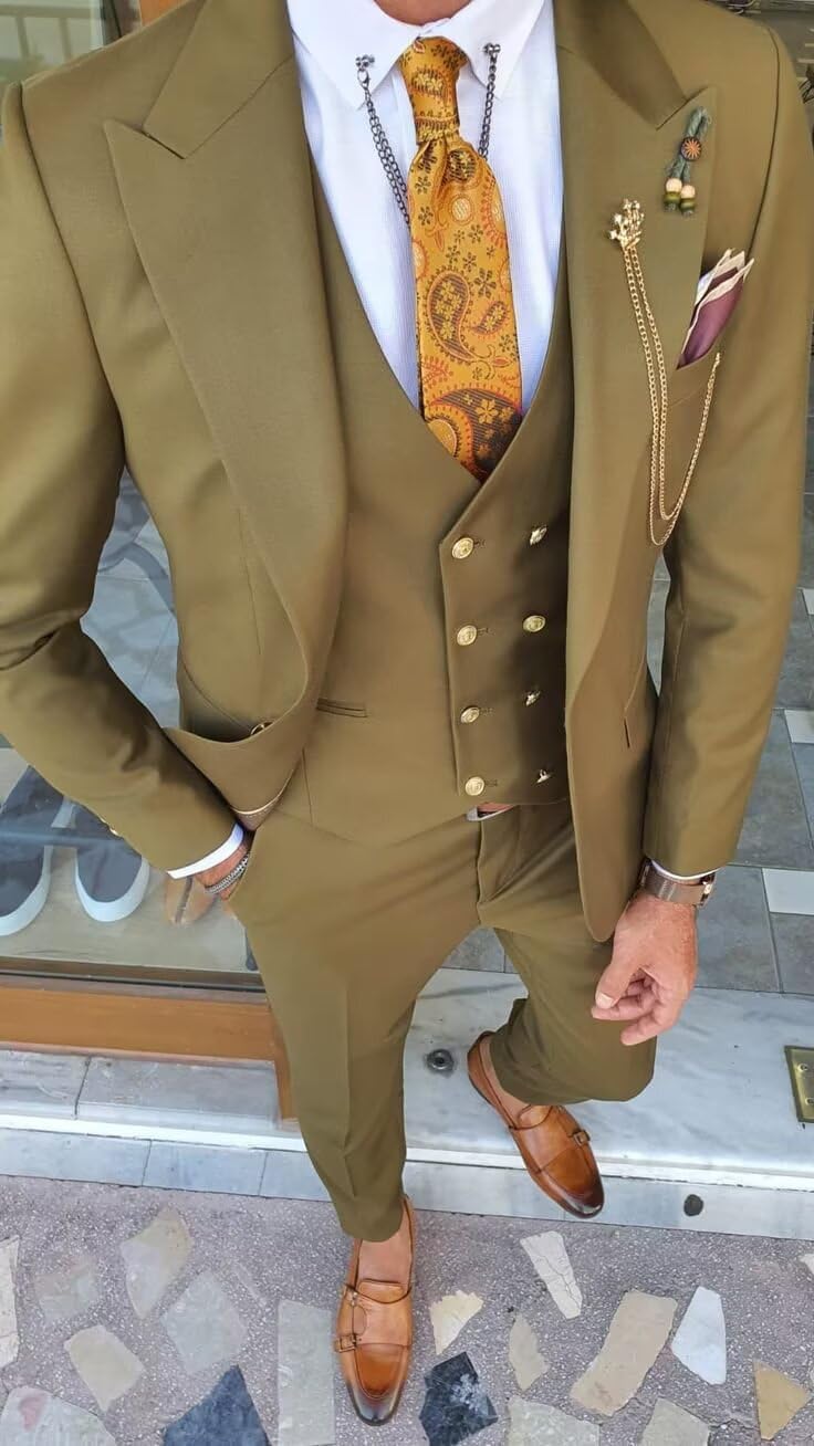 3 Piece Regular Fit Suit for Men Double Breasted Men Suits Gold Buttons Wedding Prom Jacket Vest Pants