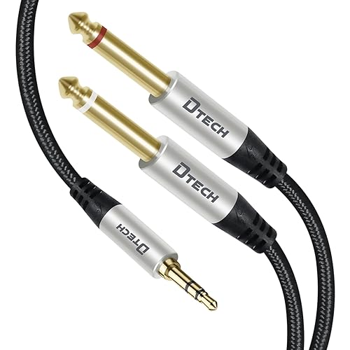 DTECH 5 Feet 1/8 to Dual 1/4 Audio Cable Male 3.5mm TRS Stereo to Dual Male 6.35mm TS Mono Y Splitter Audio Braided Cord for iPhone, iPod, PC, Sound Card, Mixer, Multimedia Speaker, Home Stereo System - 5 Feet