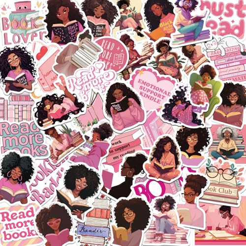 50PCS Black Girl Book Stickers for Kindle Pink Bookish Sticker Book Aesthetic Stickers for Adults Reading Stickers of Kindle Book Lover Accessories Waterproof Vinyl Sticker