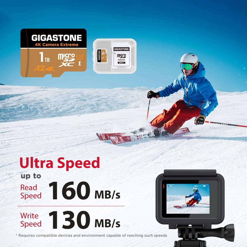 【Recupero dati gratuito per 5 anni】GIGASTONE 1TB Scheda di Memoria, Camera Extreme, Velocità fino a 160/130 MB/s, per Gopro, DJI, Insta360, 4K Video, UHS-I U3 A2 V30 C10 Micro SDXC con Adattatore