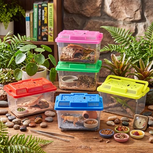 Image of LemonRoad 25 Pcs Plastic Reptile Terrariums Carrier Cage Enclosure Snake Breeding Box Hatching Container Fish Tank with Ventilated Lid for Tarantula Spider Turtle Lizard (Cute,5.1x3.5x3.5 Inch)
