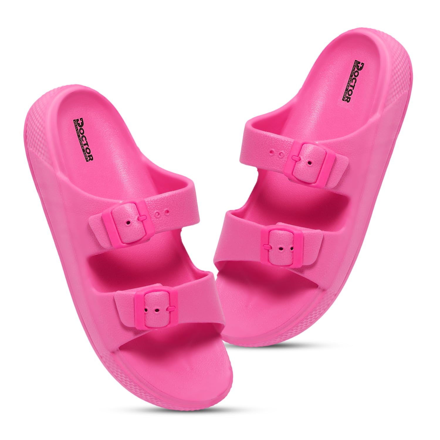 DOCTOR HEALTH SUPER SOFT Belt Sandals for Womens | Flat Buckle Sliders for Women | Stylish Latest Girls Rubber Flats Double Strap Slider Slippers | Comfortable Beach Open Toe Foot Wear
