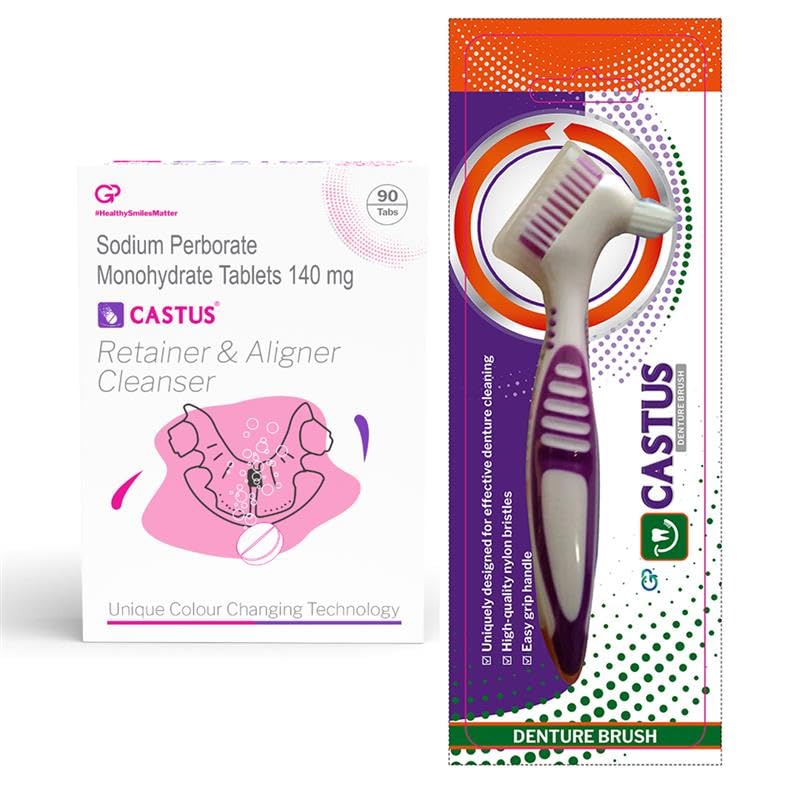 Castus Retainer & Aligners Cleanser Tablets (90 Tablets) oral care sanitizes and removes stains Ideal for all dental appliances - Aligners, Retainers and Mouthguards and CASTUS Manual Denture Brush (Pack Of 1) Easy Grip Handle (combo pack)