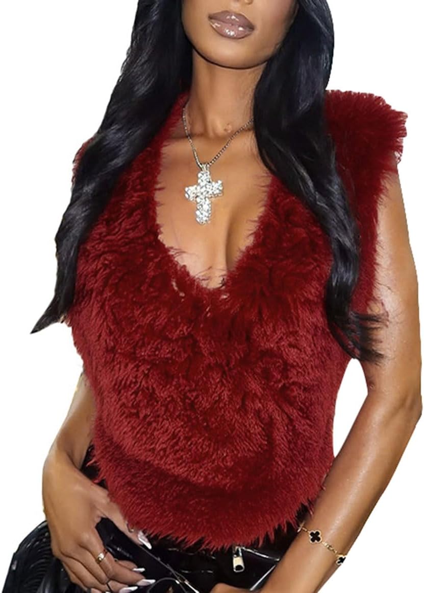 Women Strapless Tops Halter Backless Tie Lace Up Faux Fur Vest Sleeveless Feather Fuzzy Tank Shaggy Waistcoat Cape