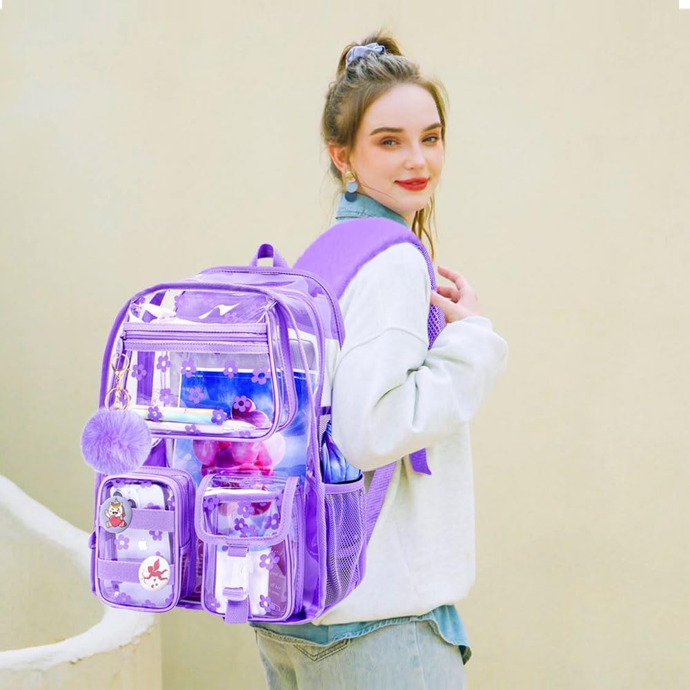 WZLVO Clear School Backpack for Girls, 17" Women Heavy Duty PVC See Through Bookbag, Cute Stadium Approved Transparent School Bags for Elementary Preschool - Aesthetic Plum Blossom Purple image 2
