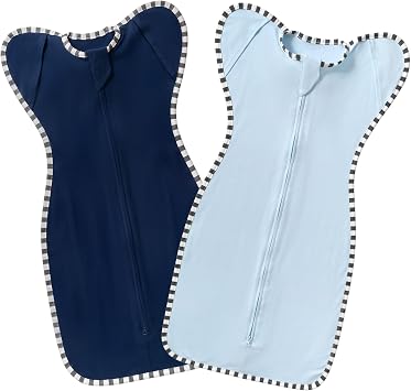 Swaddling Sleep Sack 2-Pack, 100% Cotton Newborn Wearable Blanket, Arms Up Design with 2-Way Zipper, Transitioning Breathable Swaddle Dark Blue + Baby Blue, Small 0-3 Months
