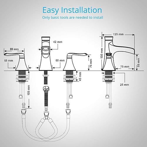 Miniatura 6 de Wovier Grifo de lavabo de baño de cascada cromado, grifo de lavabo de latón de dos manijas y tres agujeros, grifo mezclador de lavabo de 8 a 16