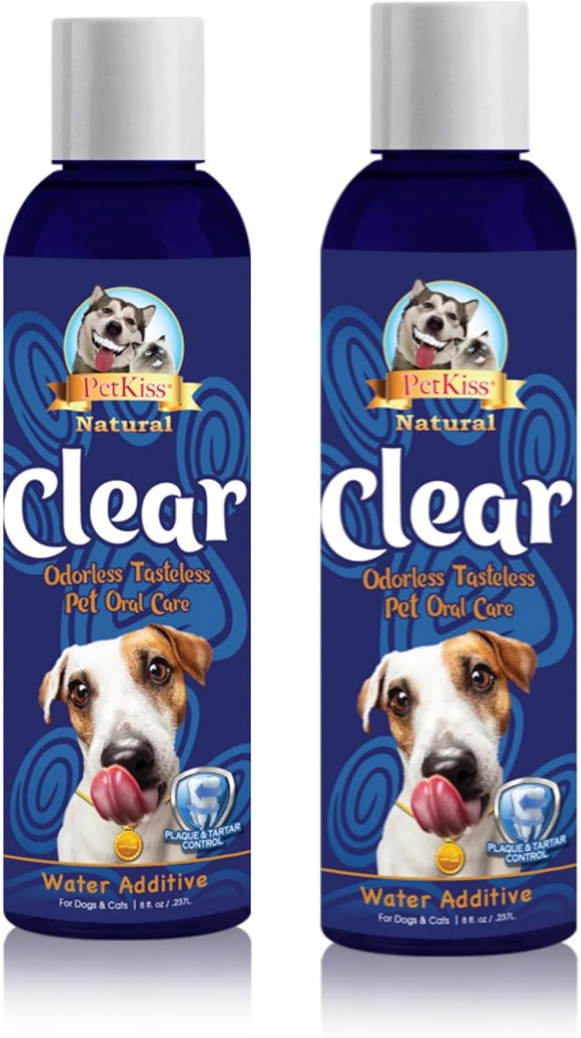 Pet Kiss Clear Odorless Premium Pet Dental Care Solution – Best Pet Water Additive for Dogs & Cats – Eliminate Bad Breath, Fight Tartar & Plaque – Natural Pet Oral Care, 8 Oz (Pack of 2) product image