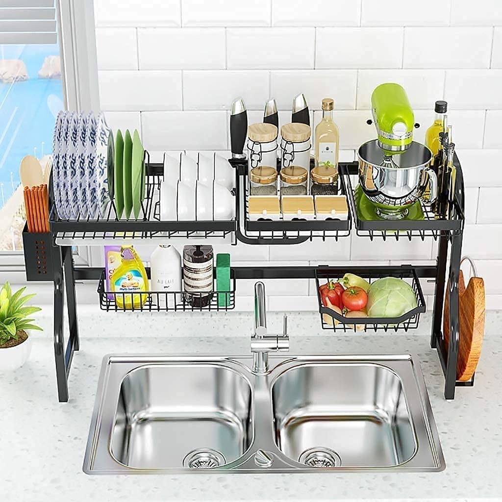 Geschirrtrocknergestell, Multifunktions-Geschirrabtropfer Geschirrständer Über Der Spüle, Küchenabtropfgestell Geschirrabtropfgestell Organizer 85 * 23 * 51 cm Schwarz,