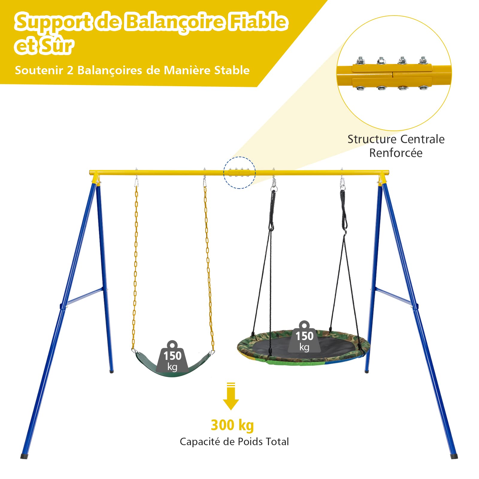 GOPLUS - Pórtico de Columpio Exterior para Nido de Pájaros, Marco de 2 Plazas (300 kg) para Adultos y Niños (Amarillo, sin Columpio)