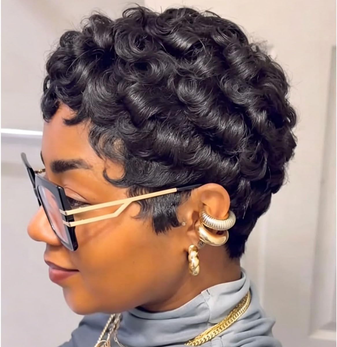 MOONSHOW Short Wigs for Black Women Curly Pixie Cut Wig Natural Black Short Pixie Wigs for Black Women Synthetic Pixie Cut Wig Finger Wave Afro Curly Haircut Glueless Wigs Ready To Go