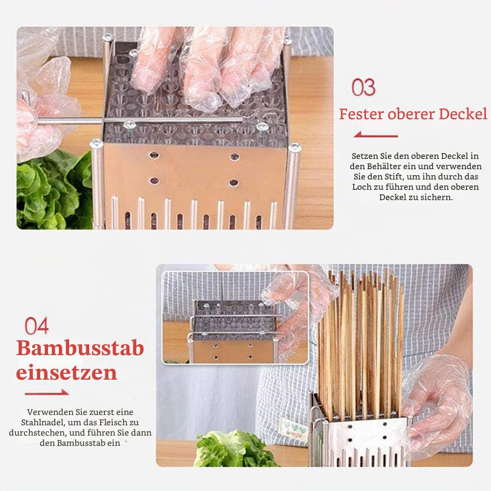 49 Löcher Edelstahl Fleischspießmaschine Kabob Maker Box BBQ Tool mit 100 Bambusstäbchen Einstellbare Höhe Rind Hammel Fleisch Grillmaschine für Küche Barbecue Shop Picknick