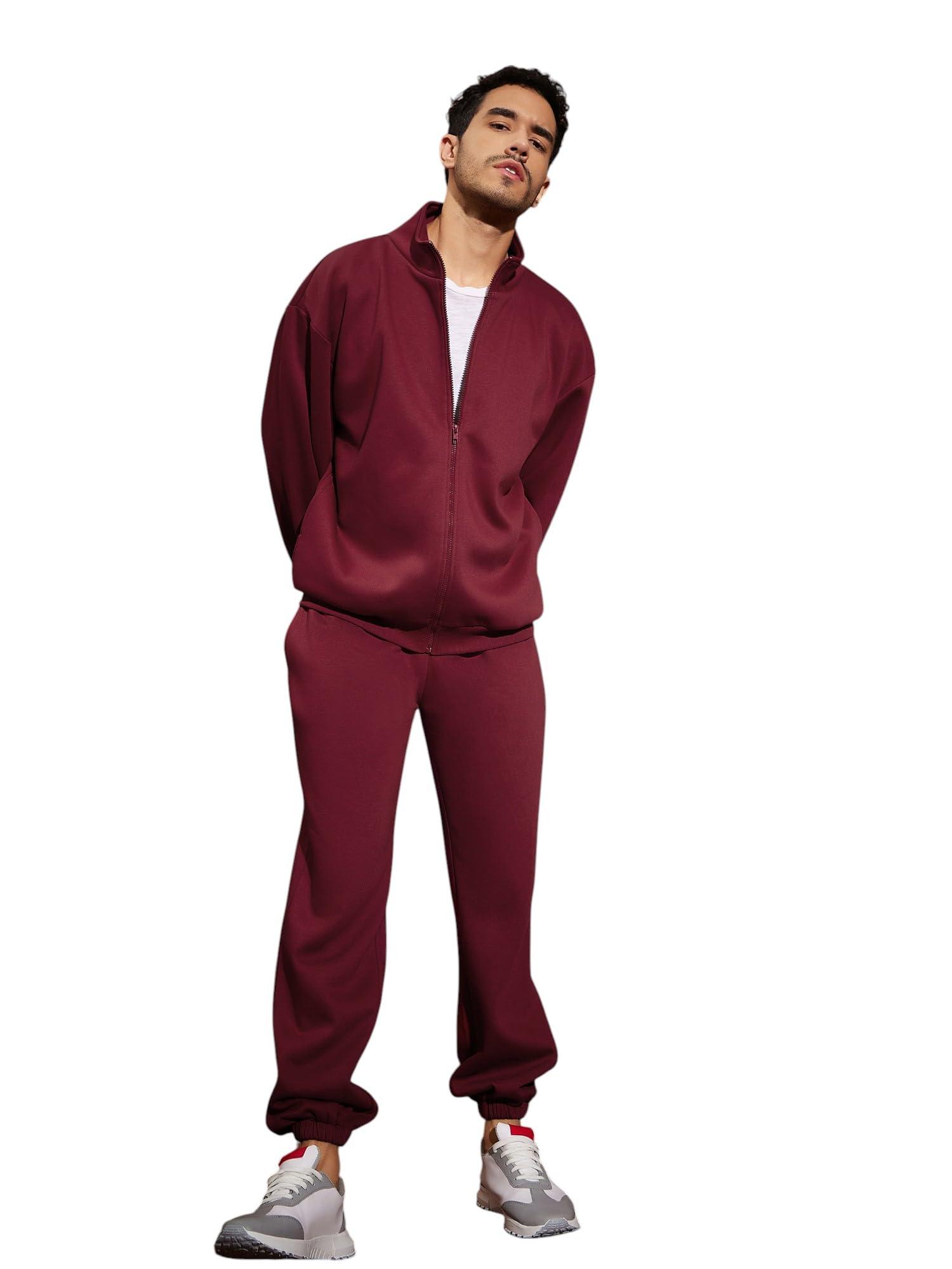 SASSAFRAS Maroon Front Zipper Oversized d Sweatshirt With Joggers in maroon