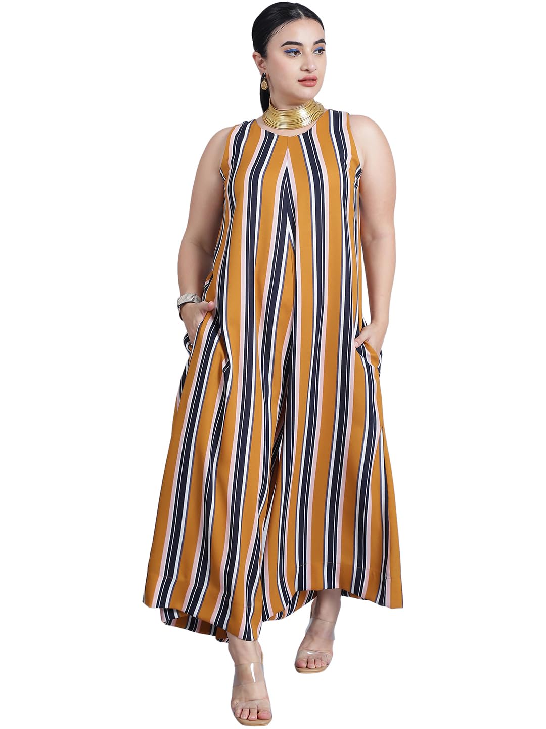baawri Women's Round Neck, Sleeveless Yellow Stripe Printed Ankle Length Jumpsuit-picture-48