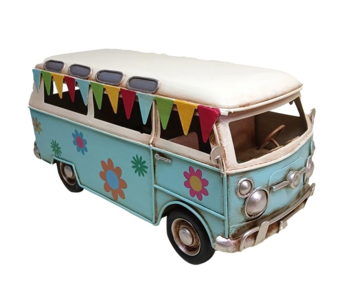 Générique Van Rétro Vintage 60's Miniature en métal Camper Bicolore Ciel et Blanc de 25cm