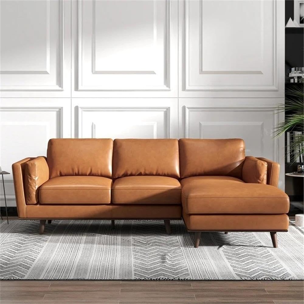 Pemberly Row 93" Mid Century Top Grain Genuine Right Facing Leather Sectional,L-Shape Modern Cognac Sofa Couch with Chaise for Living Room, in Tan
