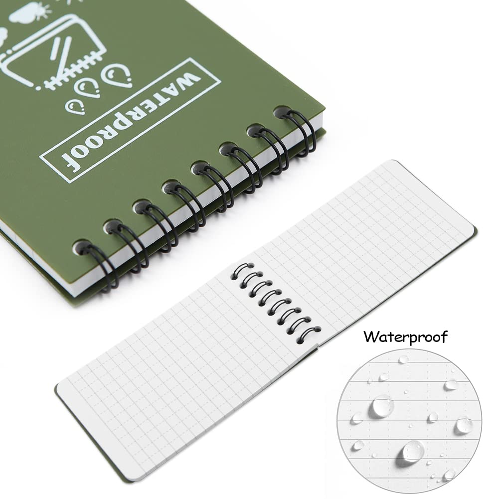 Geluode 6 Pack Waterproof Paper Pocket Notebook Top Spiral Bound 3 x 5 Inch Cover Green 100 Pages 50 Sheets Tactical All-Weather Waterproof Pocket Notepad with Grid for Outdoor Activities Recording - Image 4