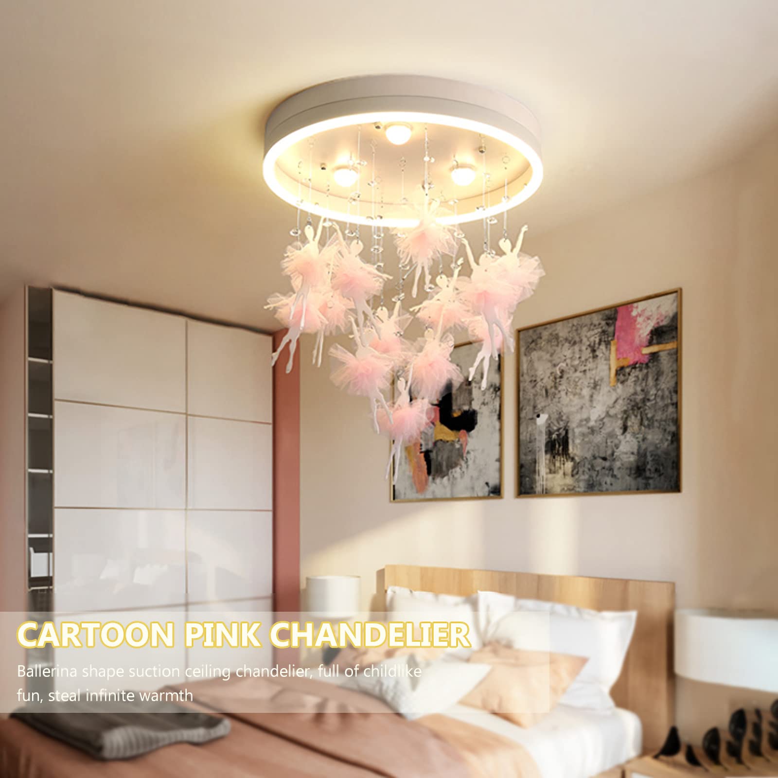 Lampadario Soffitto Per Cameretta Bambina: Ballerine E Stelle Rosa, Sospensione Con Mobile E Paralume Tondo