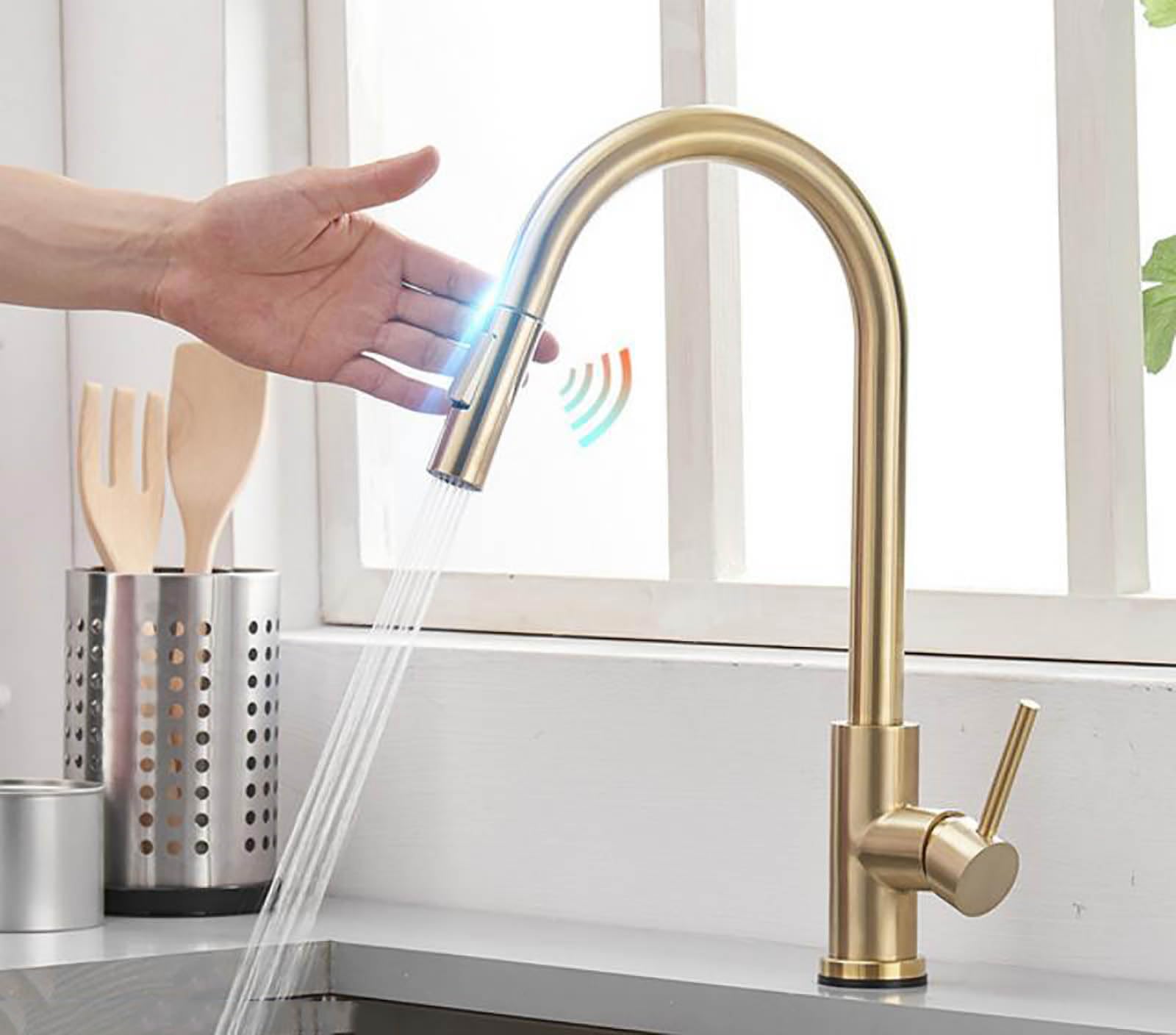 HADECOLL Touchless Kitchen Faucet With 360° Swivel Pullown Sprayer High Arc Stainless Steel Sensor Mixer Tap 2 Funct Brusheel & H Modernesign For Effortless Use,Gold-One Size