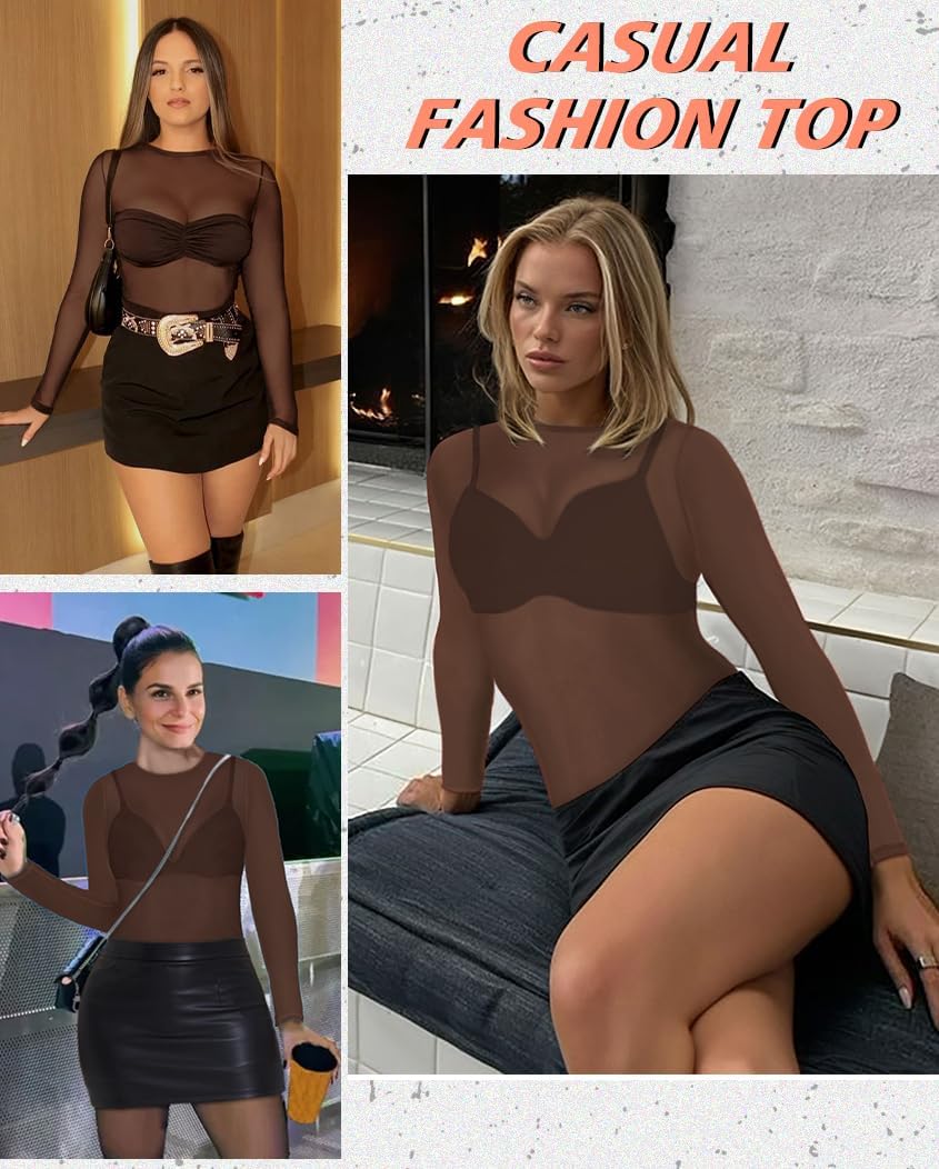 Women's Mesh Tops See Through Shirts Long Sleeve Bodycon Sheer Blouse Clubwear - Image 2