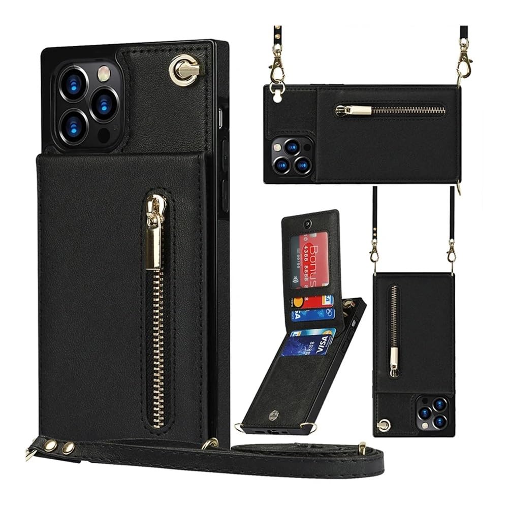kuaijiexiaopu Fundas Funda for teléfono con Cartera Cruzada y Correa elaborada por Artesanos Famosos. Funda de Cuero Multifuncional Compatible con iPhone 16 de 6.1 Pulgadas.(Negro)
