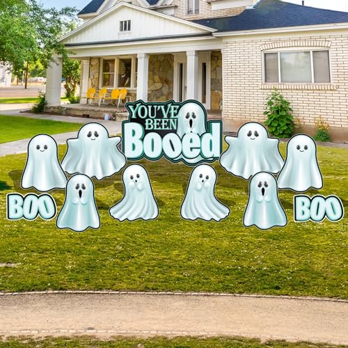 VictoryStore Youve Been Booed - Outdoor Lawn Sign - Ghost Halloween Party Yard Signs 11 Pieces and Metal Stakes Included Halloween Flocking Yard Signs, American Made