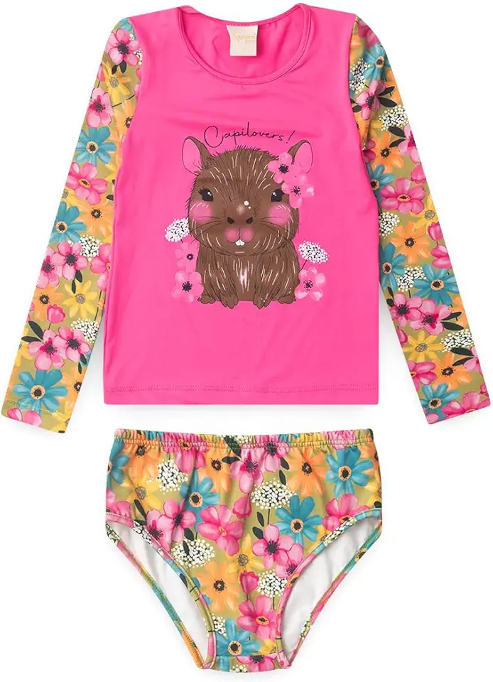 Conjunto Biquíni Infantil Menina Rosa Blusa Manga Longa e Calcinha Capivara