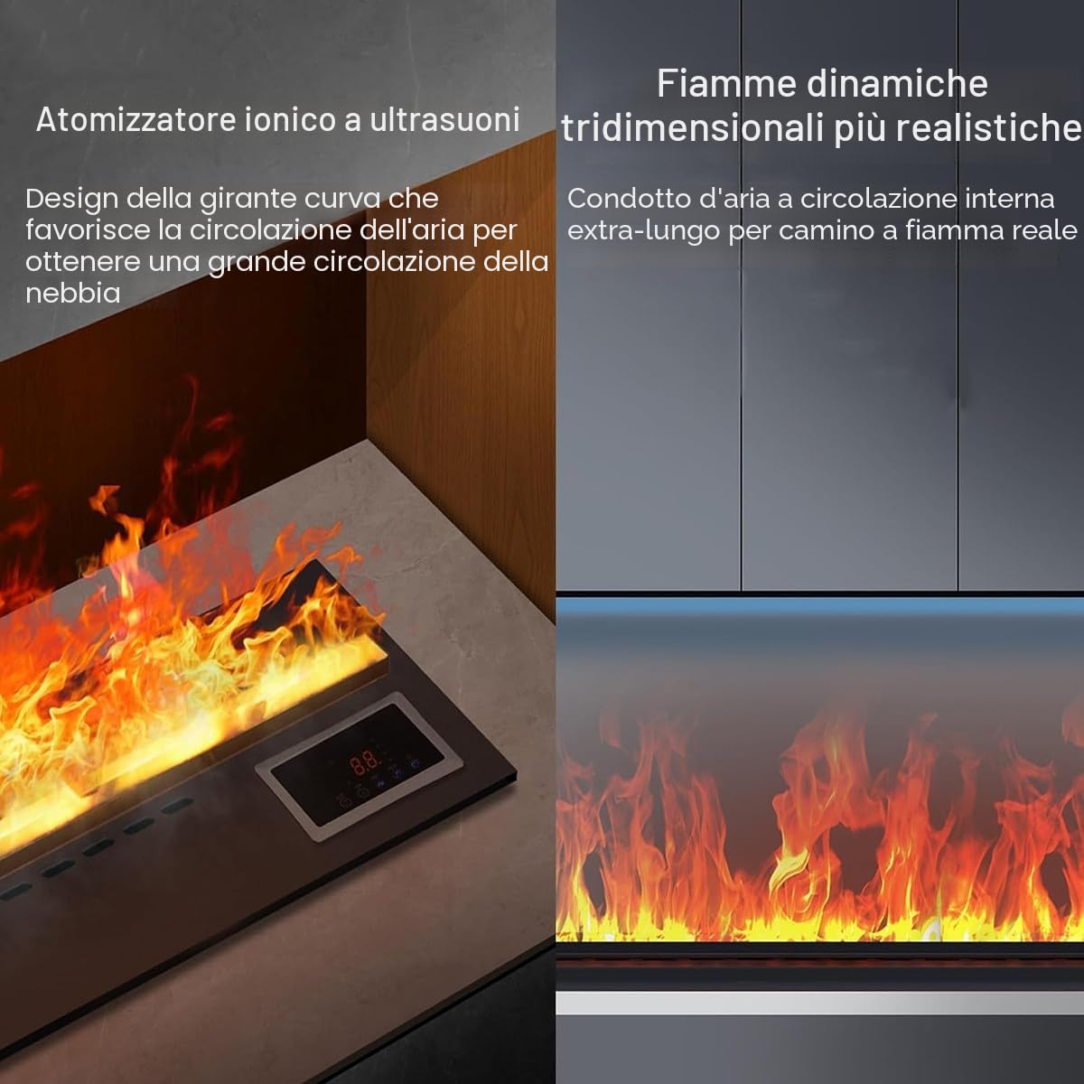 Camino a vapore acqueo 3D atomizzato con 7 colori fiamma regolabili e 5 livelli di luminosità, acciaio inox spazzolato, touch/telecomando, 80 cm