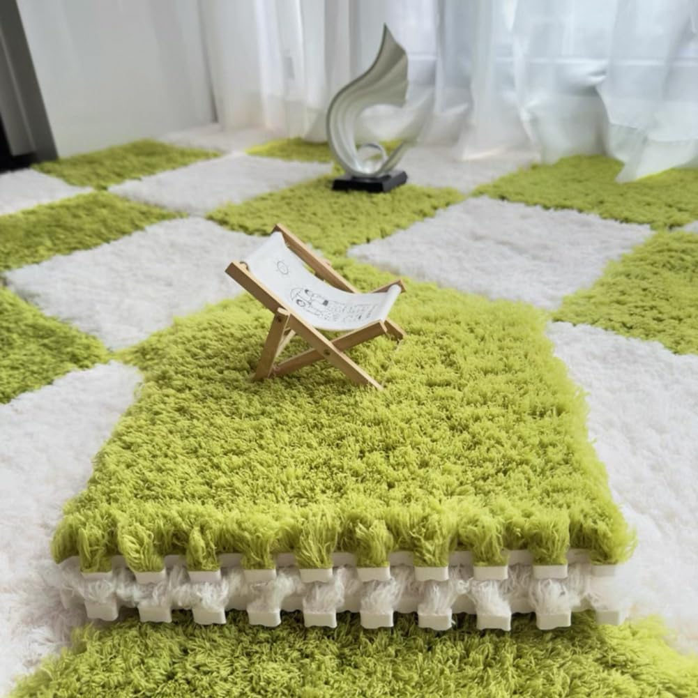 10 Pack Carpet Squares Puzzle Mat 30x30x1cm Plush Interlocking Carpet Tiles,Soft Fluffy Floor Protective Mat Shaggy Area Rug for Bedroom (Green White)