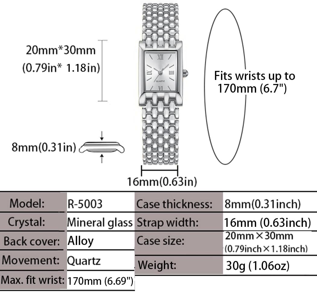Women's Small Square Vintage Watch Gold or Silver Tone Multi Row Link Bracelet Minimalist Wristwatch with Roman Numeral Dial Elegant Gift for Ladies
